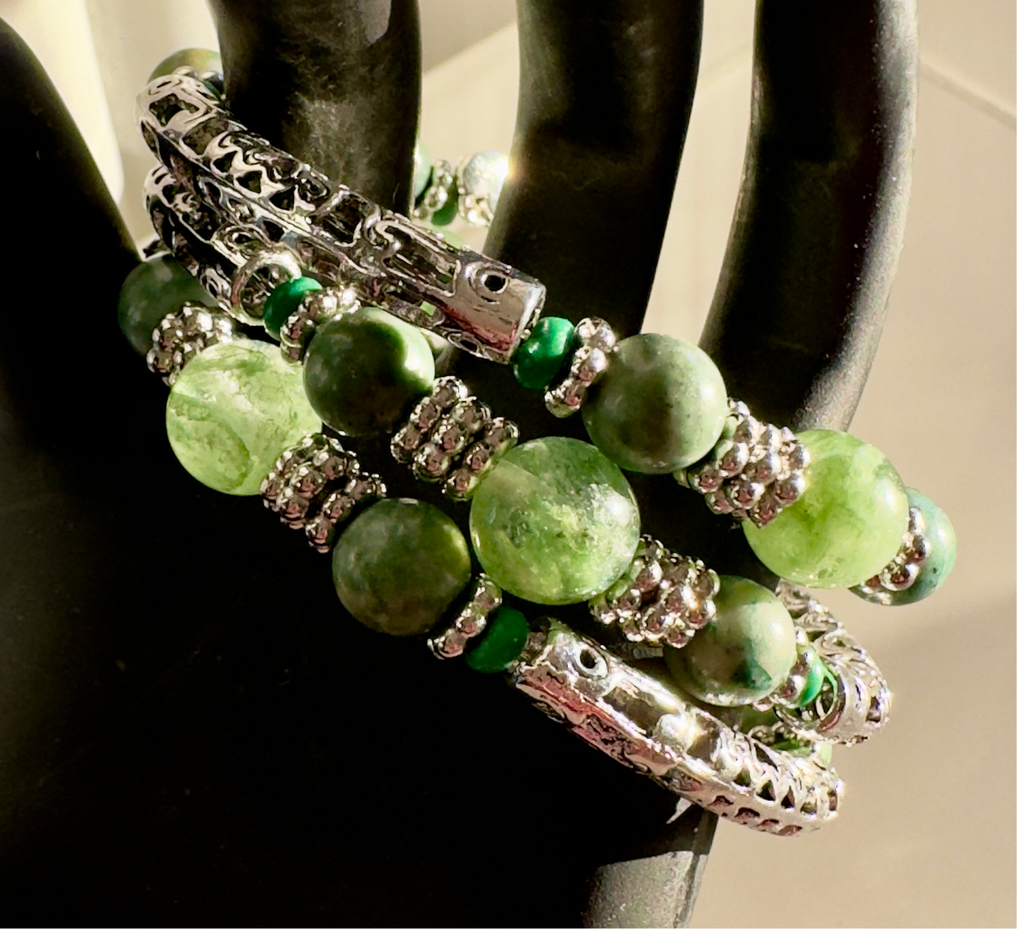 3-Strand Green and Silver Memory Bracelet