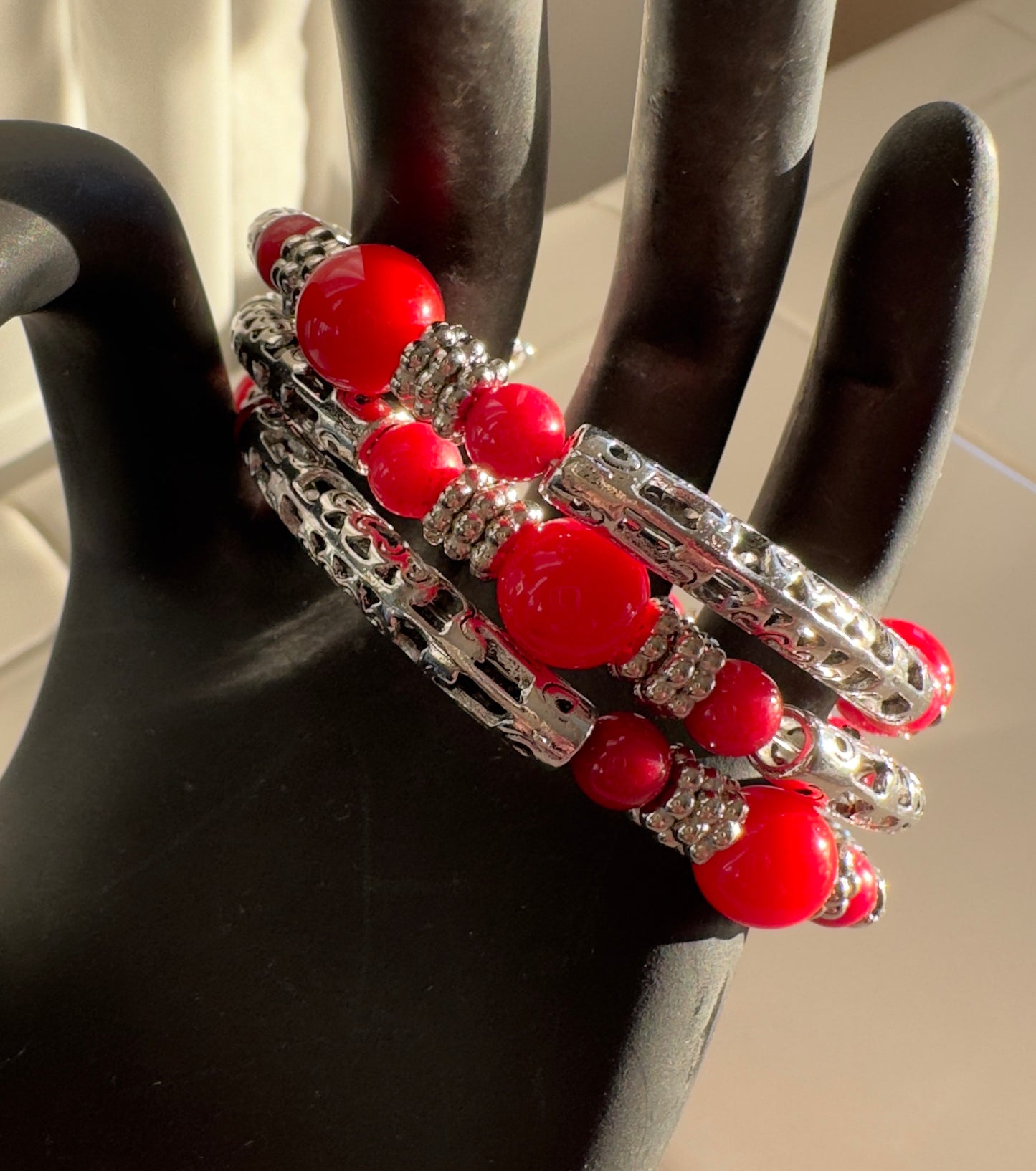 3-Strand Red and Silver Memory Bracelet