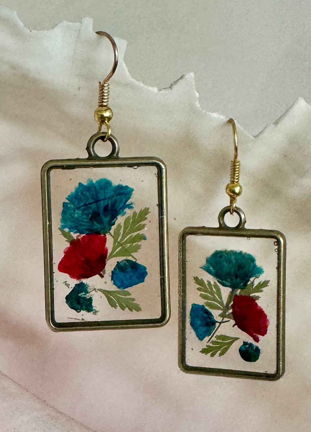 Brass and Flower Rectangle Resin Earrings