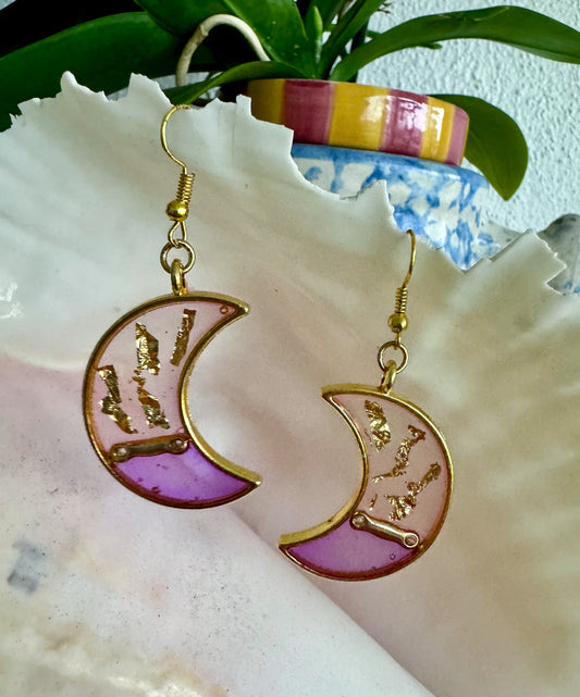 Resin Purple and Gold Foil Moon Earrings