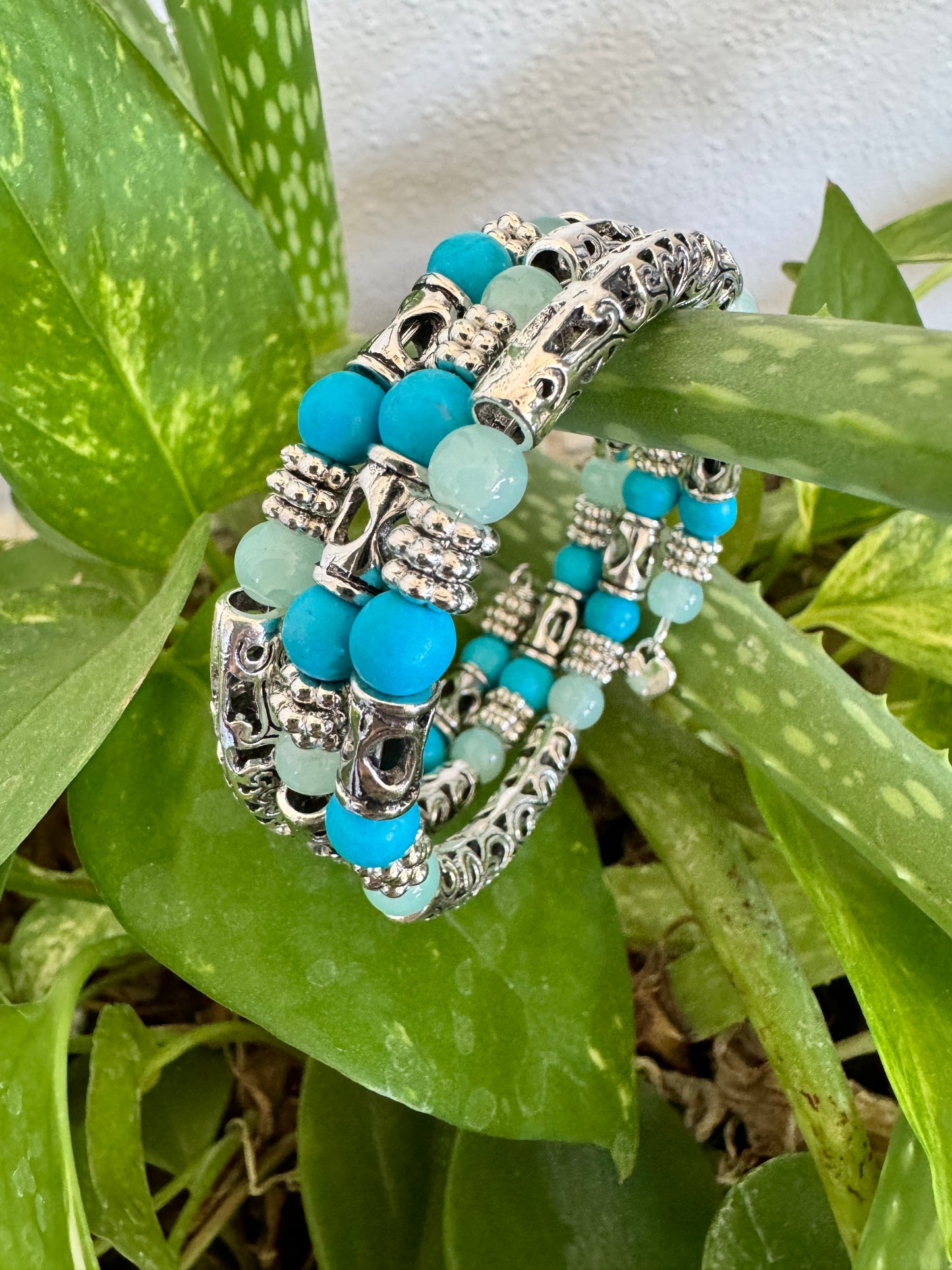 3-Strand Turquoise and Silver Memory Bracelet