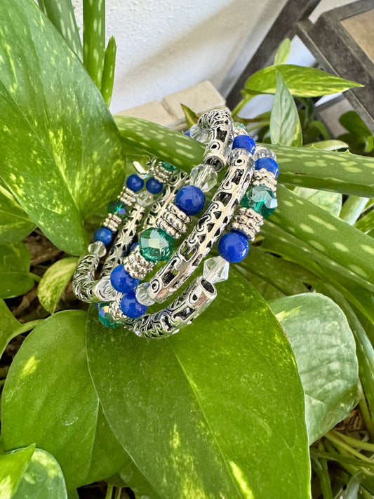 3-Strand Blue, Green, and Silver Memory Bracelet