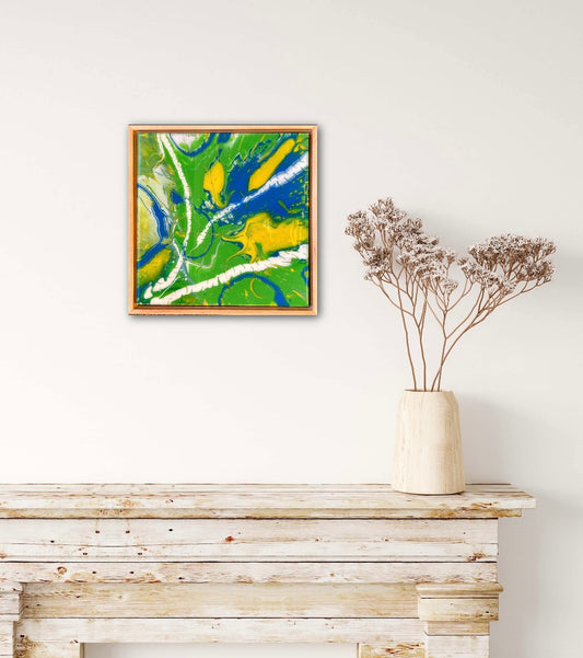 Green Fiesta Fluid Art Framed Painting