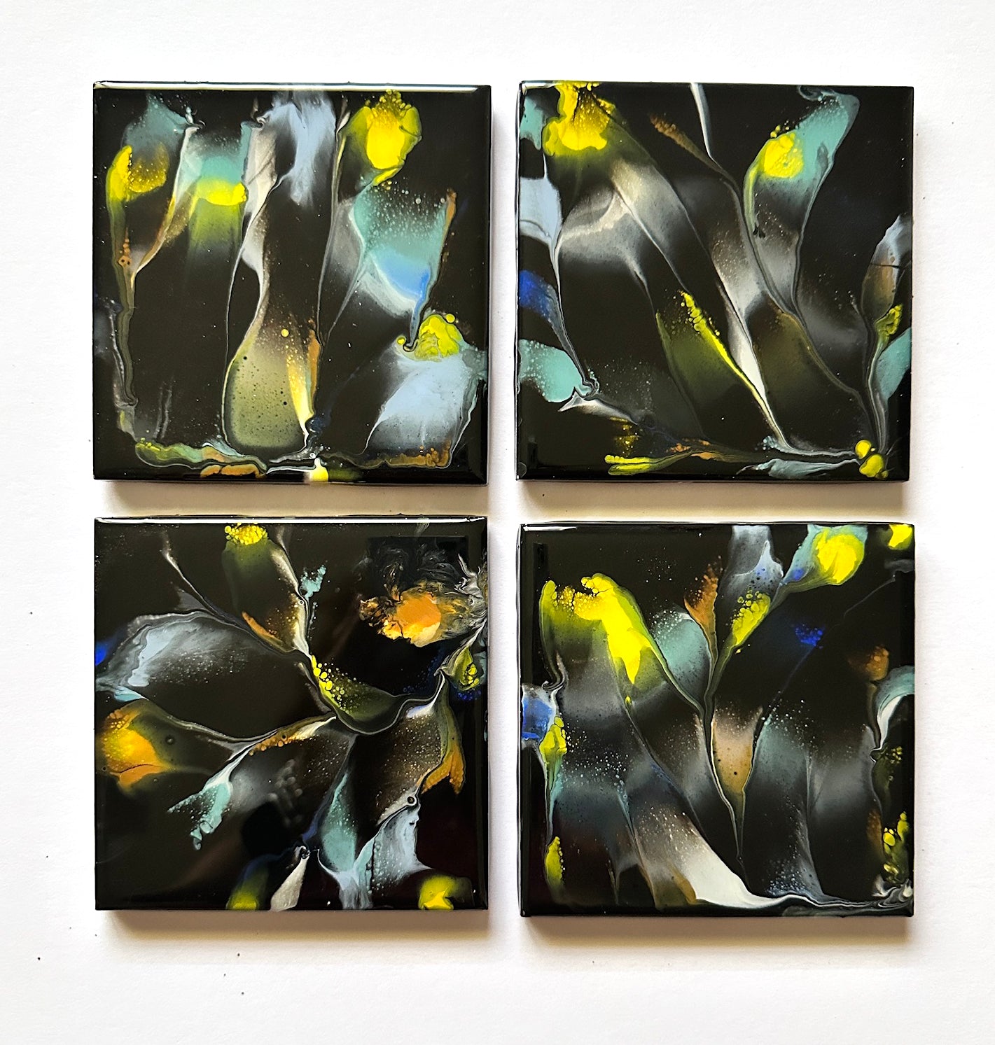 Square Black Feathers Fluid Art Coasters