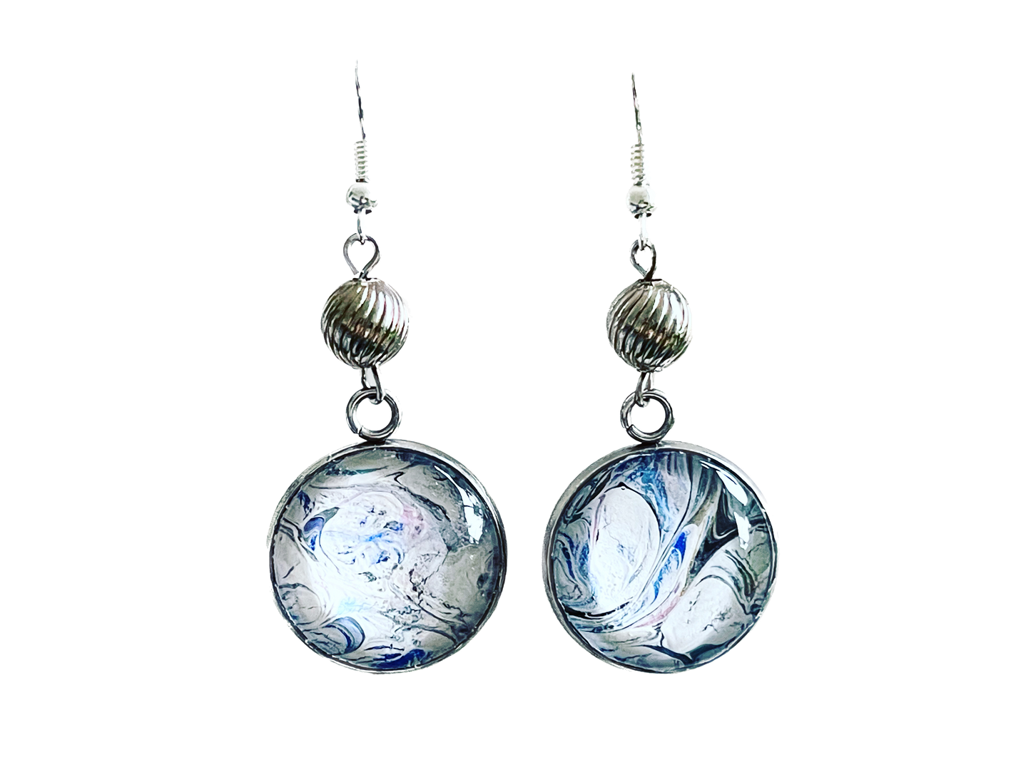 White and Blue Multicolored Fluid Art Earrings