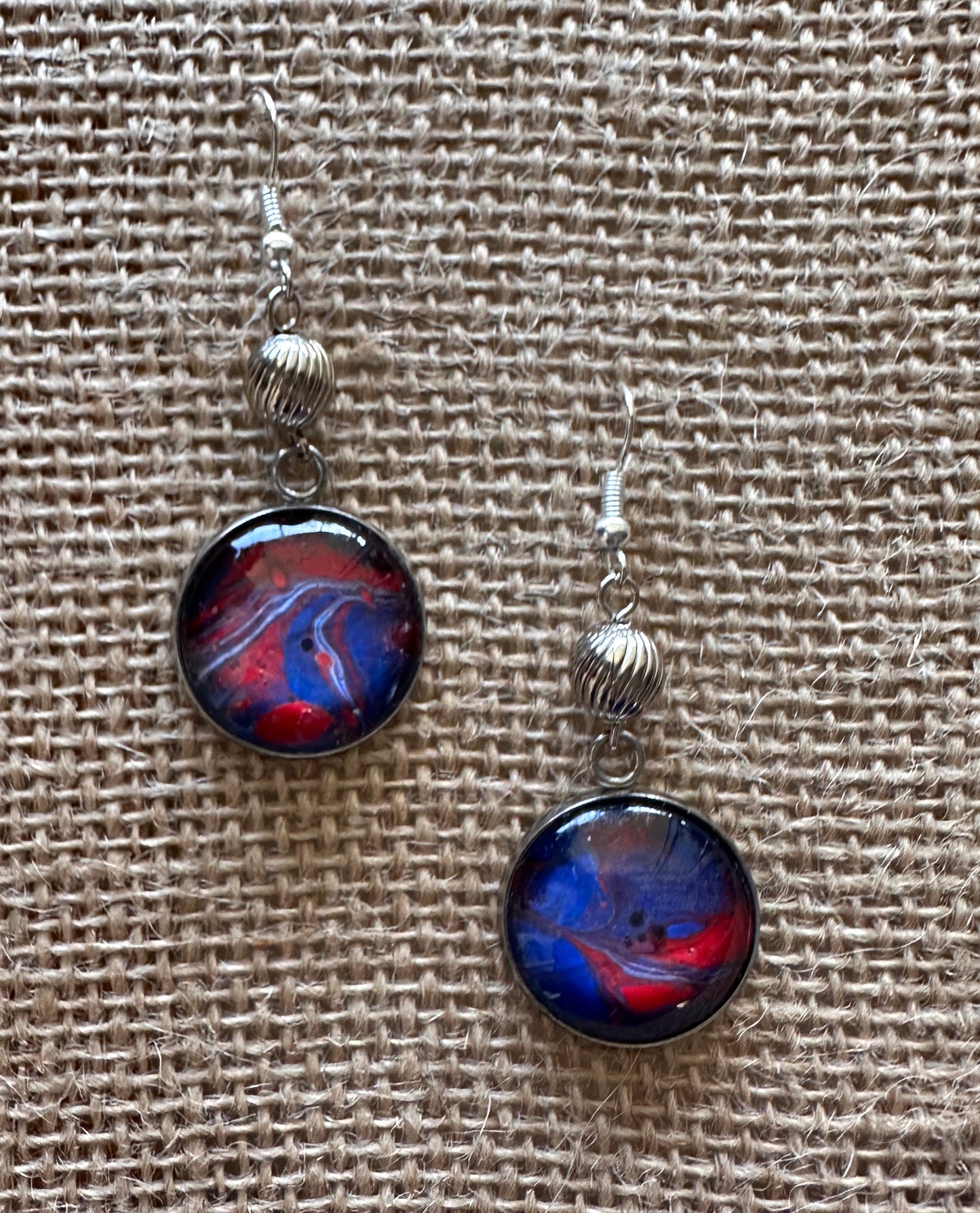 Red and Blue Veined Swirl Dangle Fluid Art Earrings