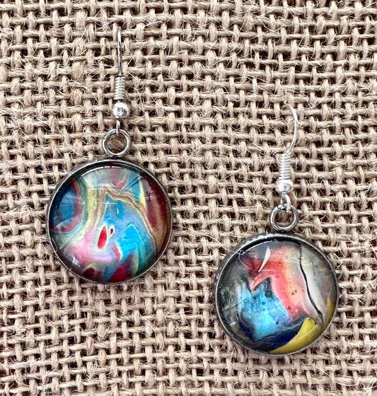 Turquoise and Red Variegated Dangle Fluid Art Earrings