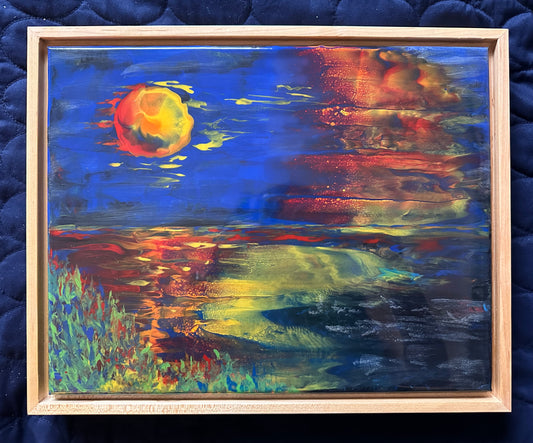 Shimmering Sunset Fluid Art Framed Painting